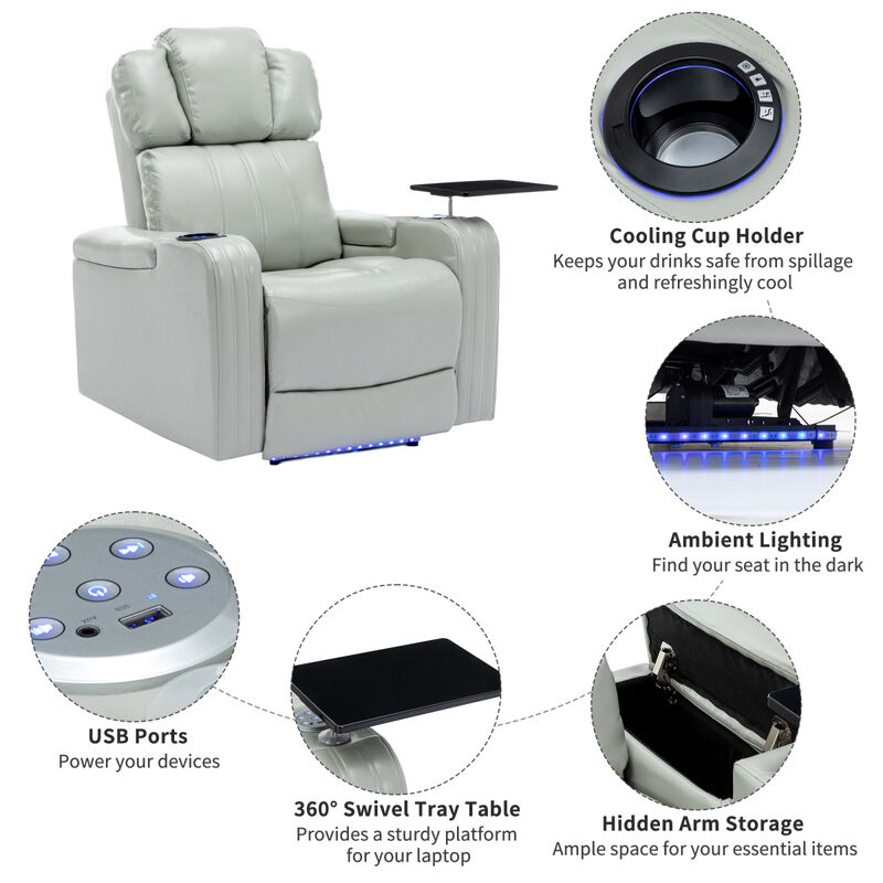 PU Leather Power Recliner Individual Seat Home Theater Recliner with Cooling Cup Holder, Bluetooth Speaker, LED Lights, USB Ports, Tray Table, Arm Storage for Living Room, Grey
