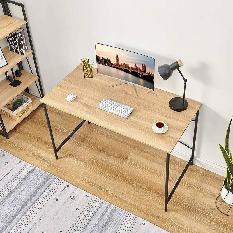 Hivvago Modern Home Office Computer Desk Table with Black Metal Frame Wood Top in Oak