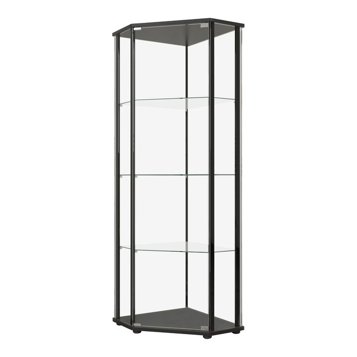 Metal Curio Cabinet with 1 Door and 3 Glass Shelves, Black-Benzara