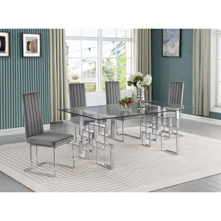 5-piece glam dining set with 4 Dark grey chairs and one 79" glass  table