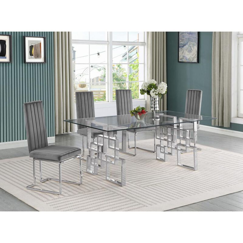 5-piece glam dining set with 4 Dark grey chairs and one 79" glass  table