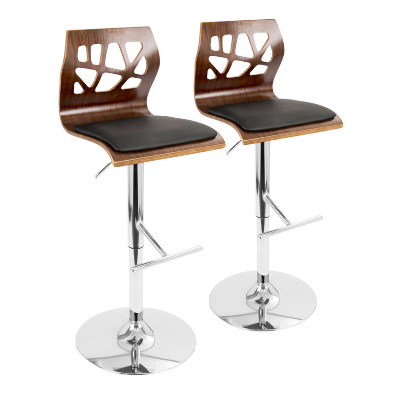 Lumisource Folia Mid-Century Modern Adjustable Barstool with Swivel in Chrome, Walnut Wood and Black Faux Leather - Set of 2 image number 2