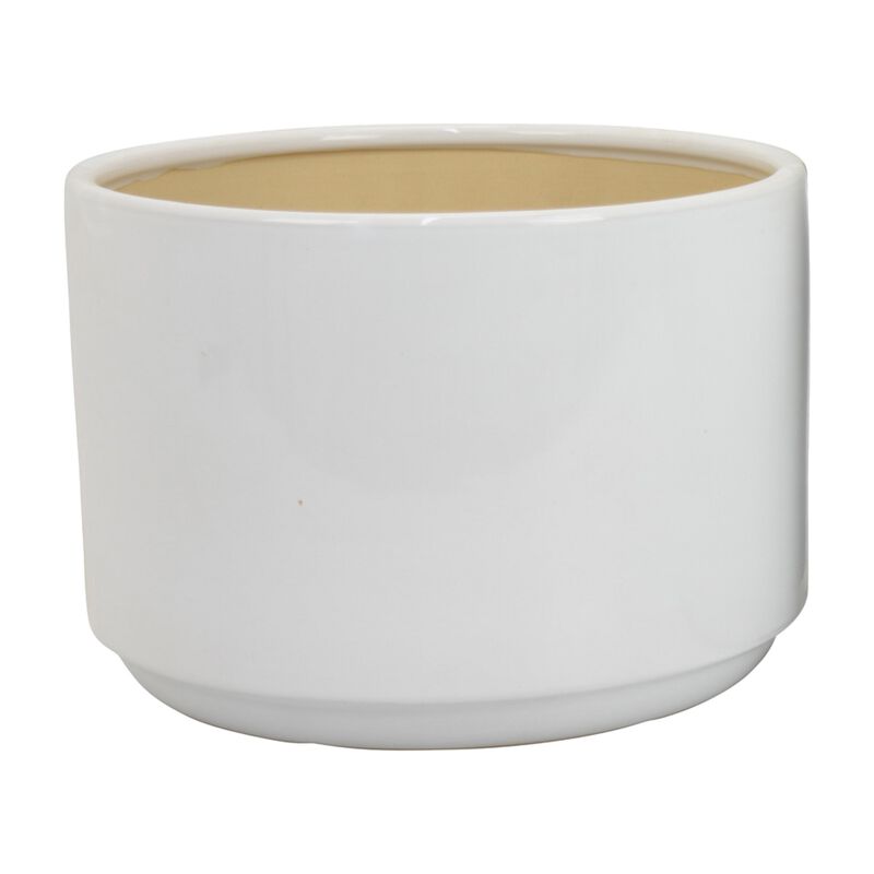 Accent Planter Set of 2, Wide Base, Modern Minimalist White Ceramic - Benzara