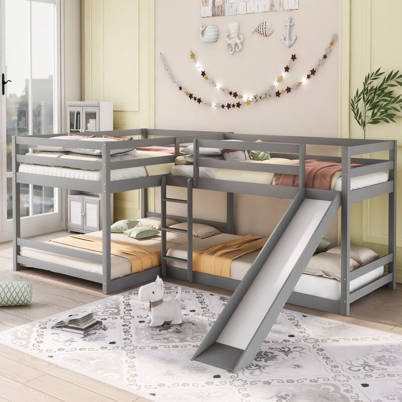 Full and Twin Size L-Shaped Bunk Bed with Slide and Short Ladder, White