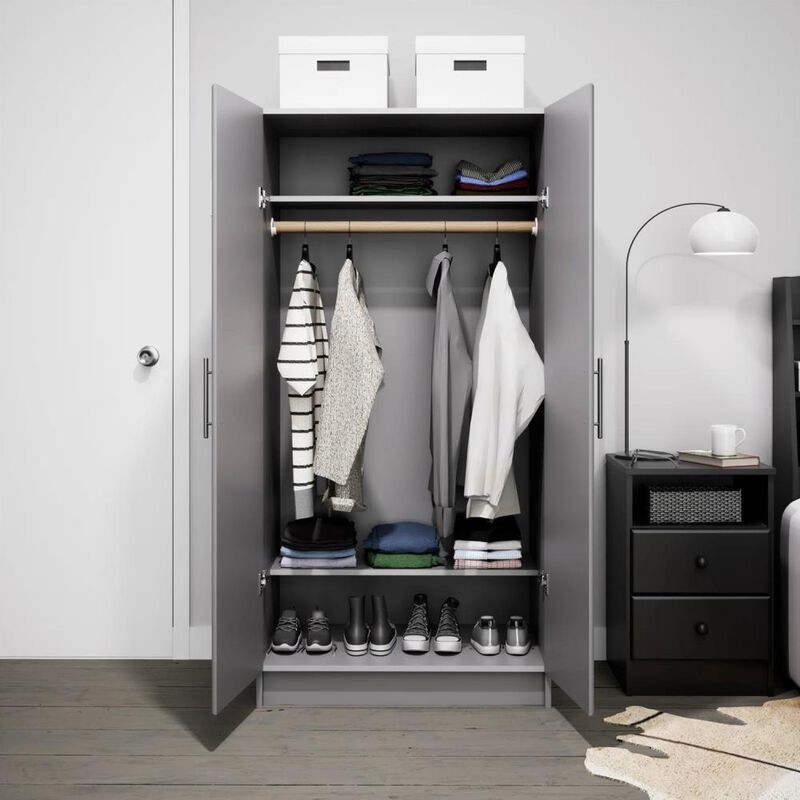 Hivvago Bedroom Armoire Wardrobe Cabinet with Hanging Rail in Light Grey Wood Finish