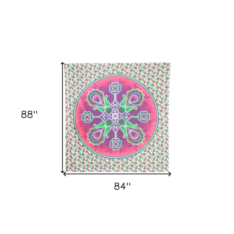 HomeRoots 88" X 84" Green Pink And White Floral Cotton Hanging Tapestry image number 4