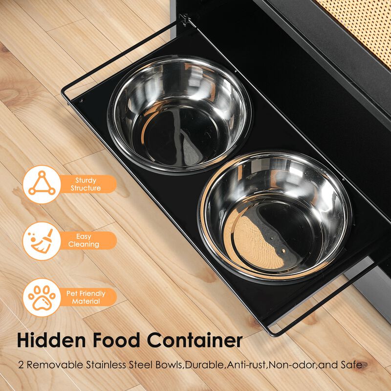 Feeding Station with 1 Storage Cabinets, Pet Feeding Station with 2 Elevated Dog Bowls, Side Hooks image number 4