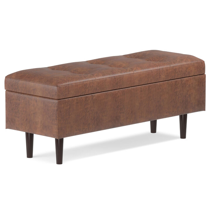 Shay 48 inch Wide Mid Century Modern Rectangle Mid Century Rectangular Storage Ottoman in Distressed Saddle Brown Vegan Faux Leather, Assembled