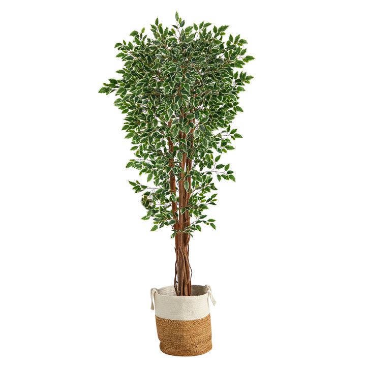 Hivvago 70 Inches Variegated Ficus Artificial Tree in Handmade Natural Jute and Cotton Planter UV Resistant (Indoor/Outdoor)