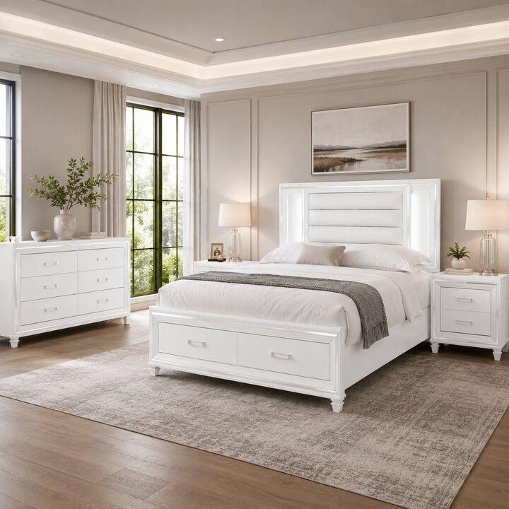 Queen Bedroom Set, White Wood, 4 Piece Set with 2 Nightstands and Dresser