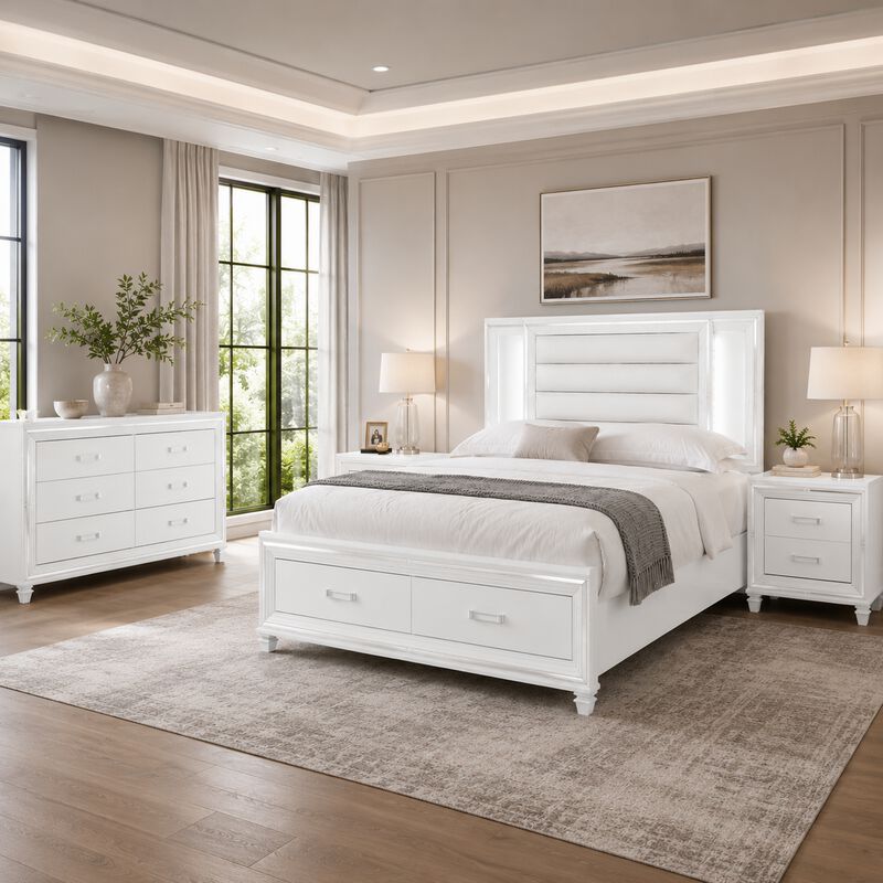 Queen Bedroom Set, White Wood, 4 Piece Set with 2 Nightstands and Dresser image number 1