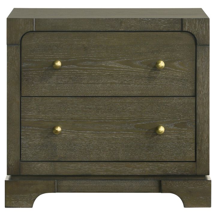 Seon Nightstand, 2 Drawers with Brass Knobs, Dark Cocoa Brown Wood - Benzara
