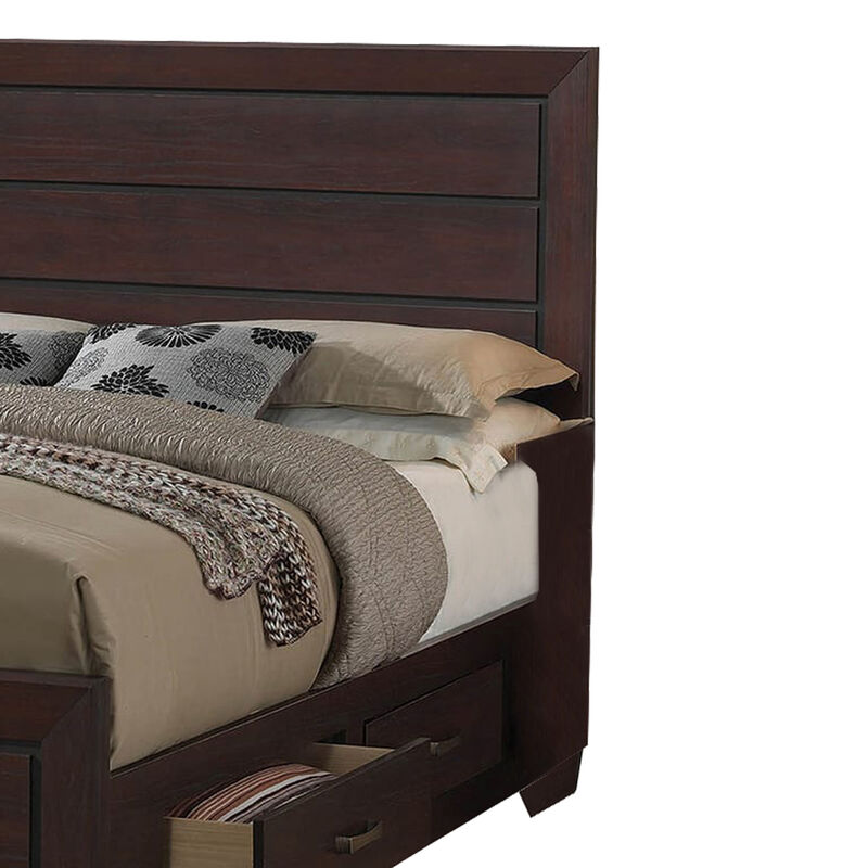 Wooden Queen Size Bed with 4 Spacious Side Rail Drawers, Dark Brown