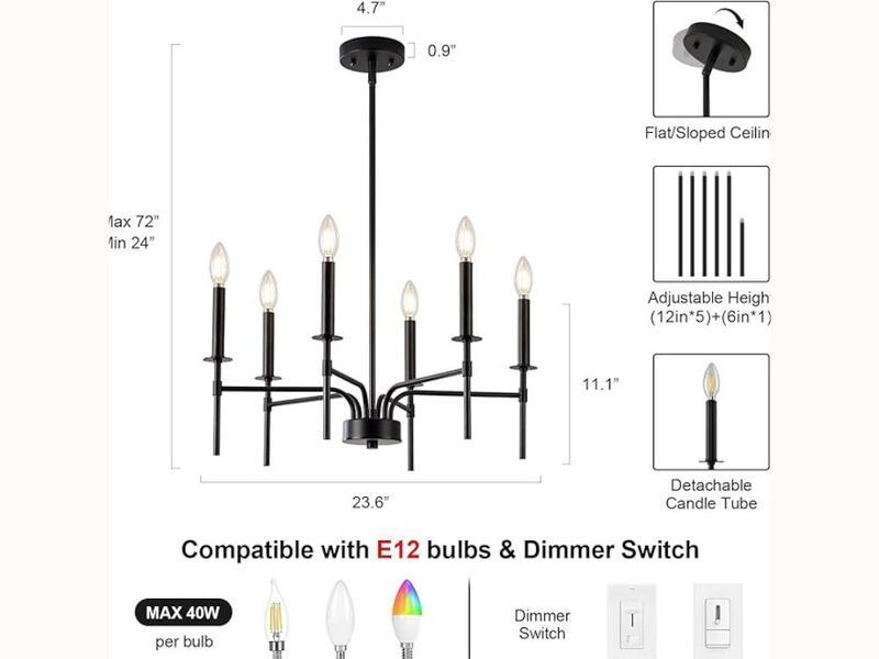 6-Light Black Farmhouse Chandelier – Candle-Style Metal Fixture for Dining Room, Kitchen & Entryway (E12 Bulbs Required)