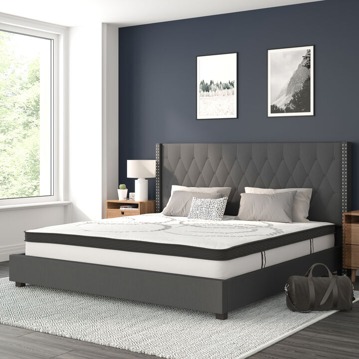 Riverdale King Size Tufted Upholstered Platform Bed in Dark Gray Fabric with 10 Inch CertiPUR-US Certified Pocket Spring Mattress