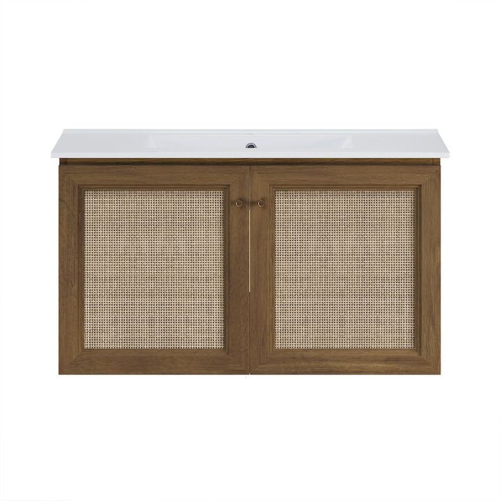 36" Wall-Mounted Bathroom Vanity in Brown Oak with Single Faucet Hole Vanity Top