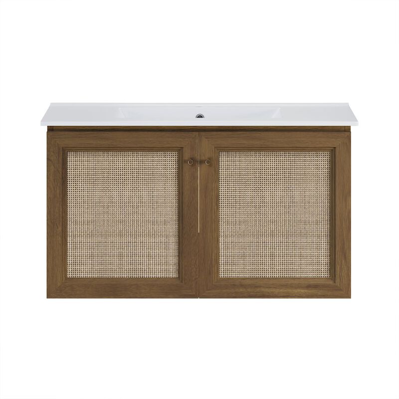 36" Wall-Mounted Bathroom Vanity in Brown Oak with Single Faucet Hole Vanity Top image number 0