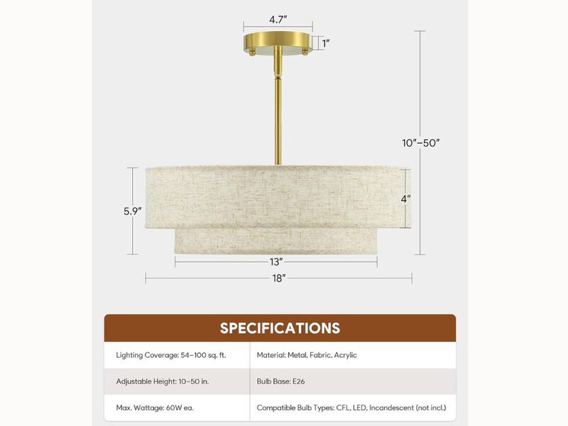 18" Modern Drum Chandelier – 4-Light Linen Shade Pendant for Dining Room, Bedroom & Living Room (E26 Base, Brass Finish)