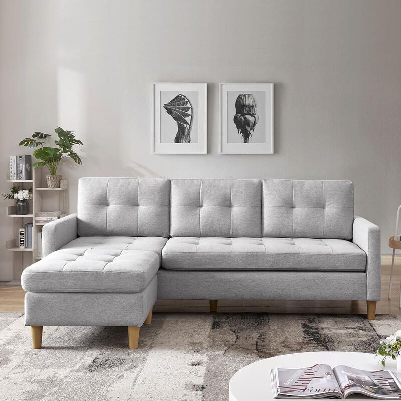 OS Home and Office Furniture Two Piece Upholstered Tufted L Shaped Sectional with Ottoman in Light Grey image number 5