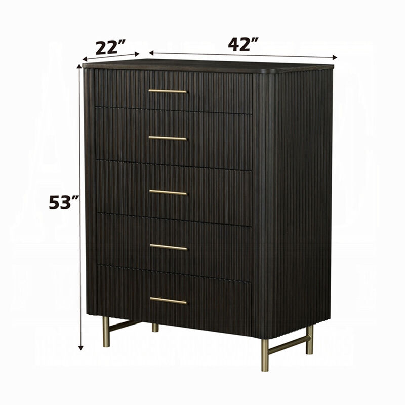 Jeh Tall Dresser Chest, 5 Drawers, Espresso Brown Wood and Gold Metal