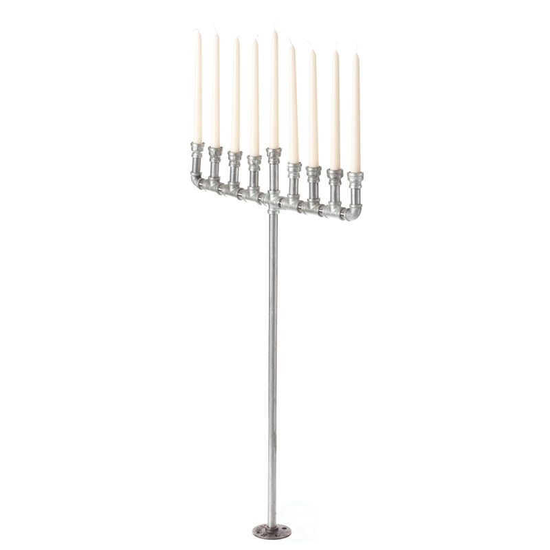 Industrial Galvanized Antique Silver Metal Pipe Hanukkah Menorah