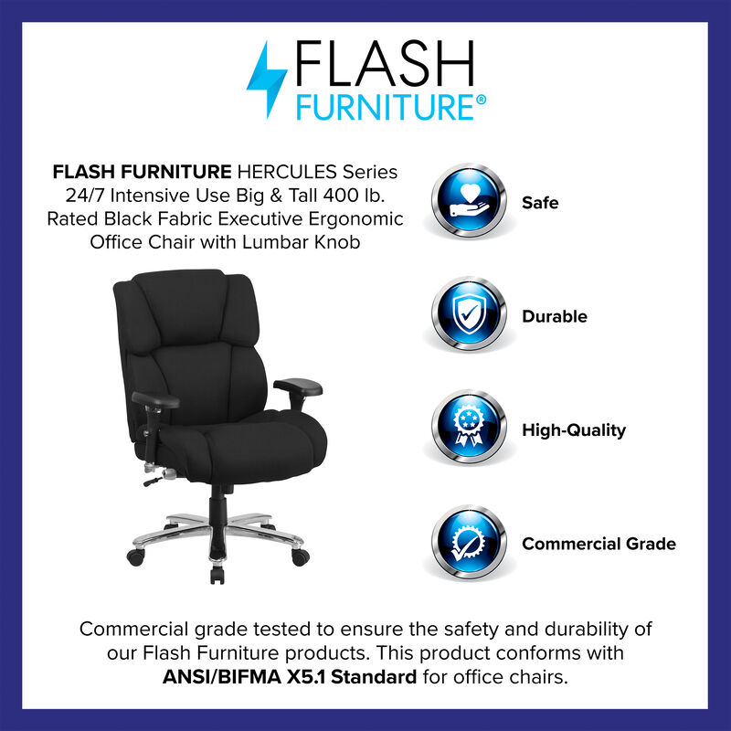 HERCULES Series 24/7 Intensive Use Big & Tall 400 lb. Rated Black Fabric Executive Ergonomic Office Chair with Lumbar Knob image number 3