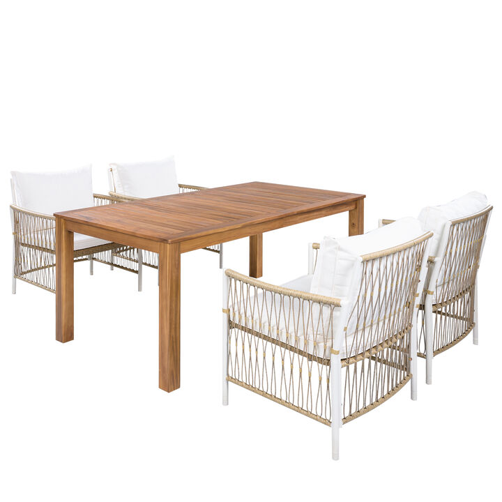 Whisen Outdoor 5-Piece Wooden Dining Set, PE Rattan Arm Chairs, 67'' Rectangular Table for Poolside, Garden