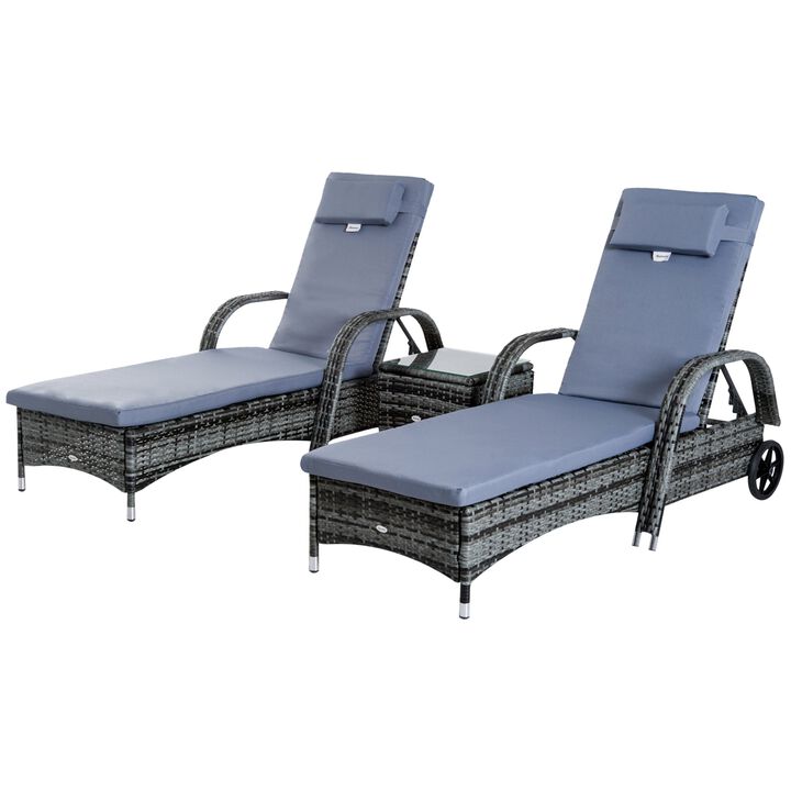 Gray Outdoor Relaxation: 3-Piece Wicker Chaise Lounge Set with Table