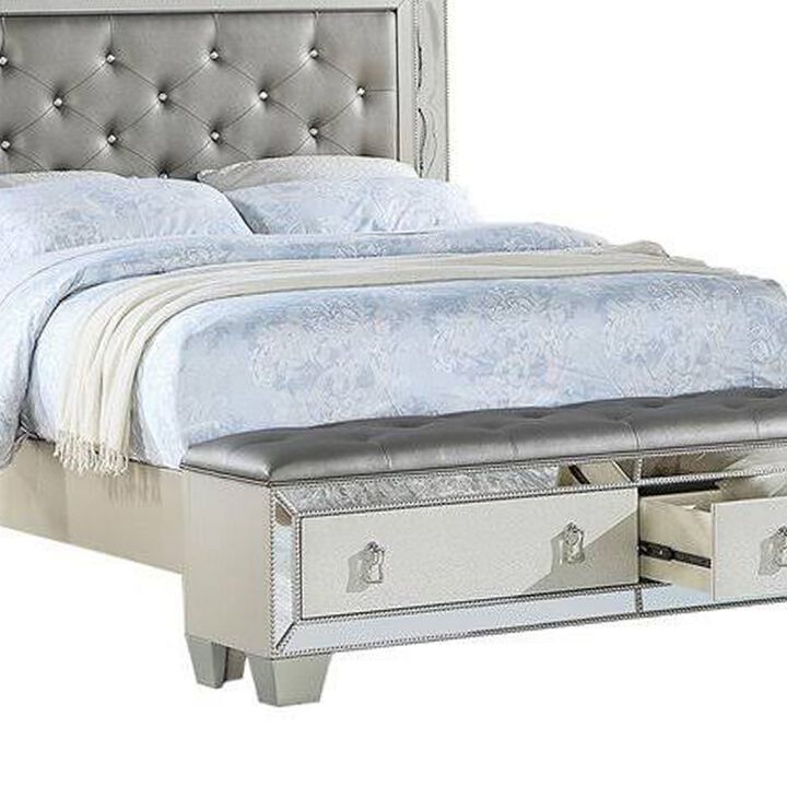 Reva California King Bed, Storage Bench, Upholstered Silver Faux Leather - Benzara