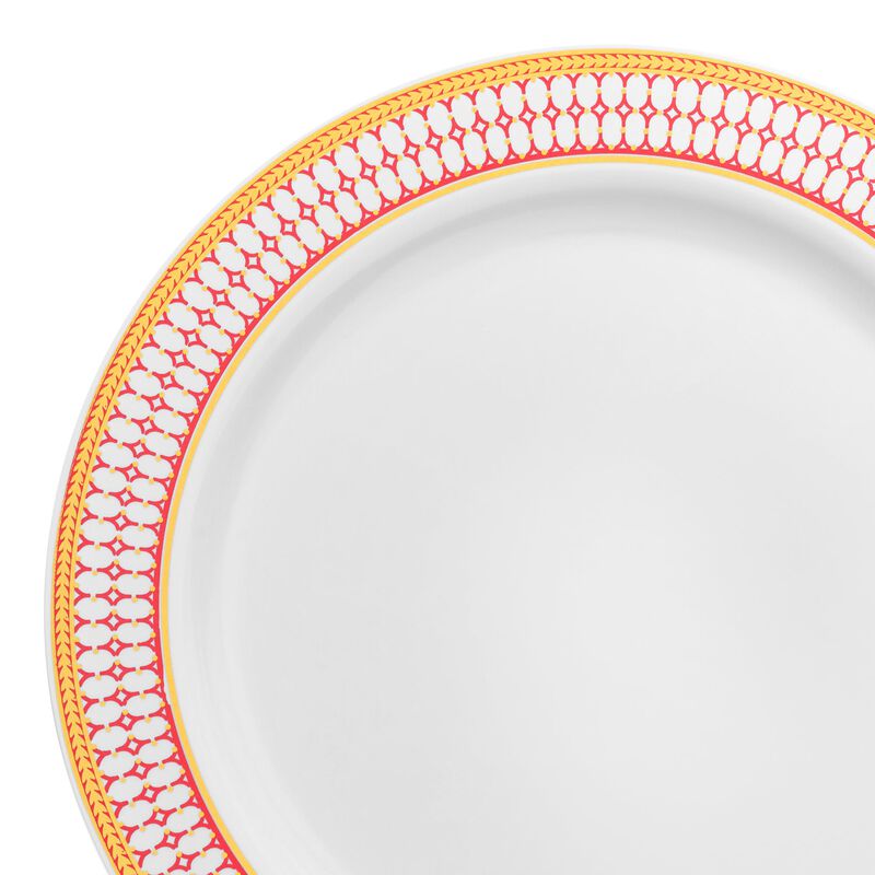 10.25" White with Red and Gold Chord Rim Plastic Dinner Plates (120 Plates) image number 8