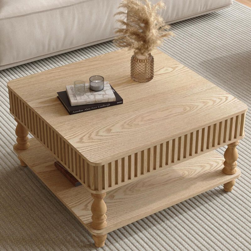 31.5 Inch Modern Square Lift-Top Coffee Table with Hidden Storage Tray, Fluted Wood Design, Wooden Living Room Center Table image number 3