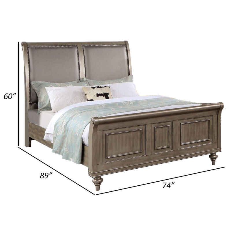 Ella Modern California King Bed, Faux Leather Upholstery, Nailhead, Gold - Benzara