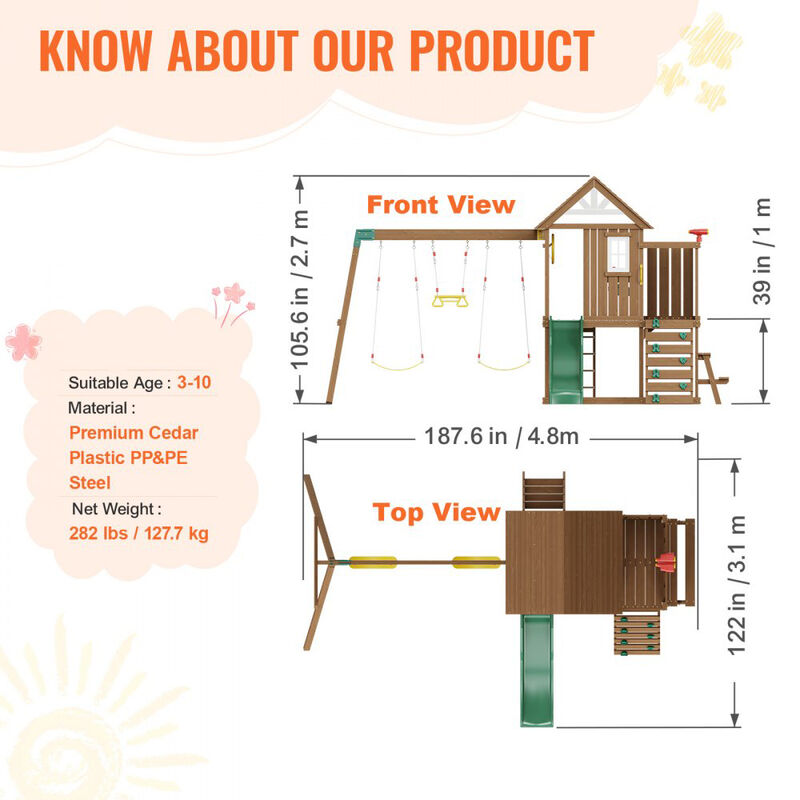 Backyard Wooden Swing Set with Slide and Upper Play Fort for Kids