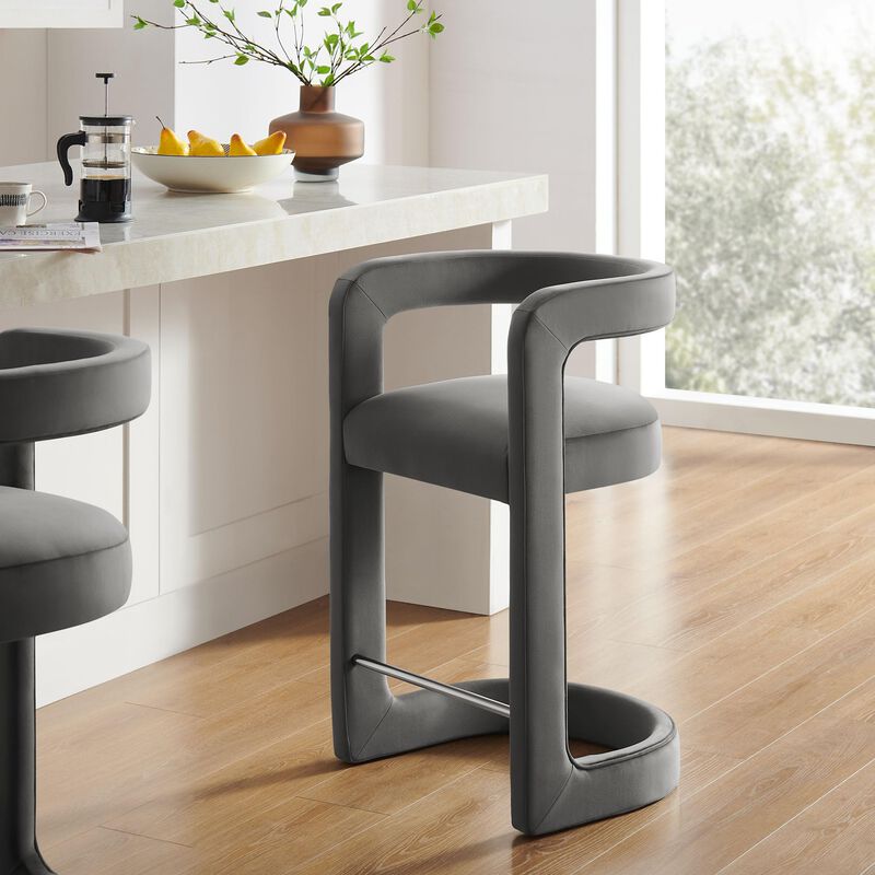 Modway Winslow Performance Velvet Counter Stool with Stainless Steel Footrest in Storm Gray image number 1