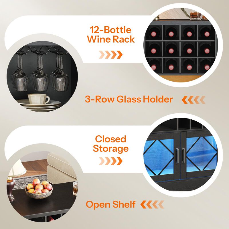 Home Bar Cabinet with LED Lighting, Wine Rack and Power Outlet-Black image number 8