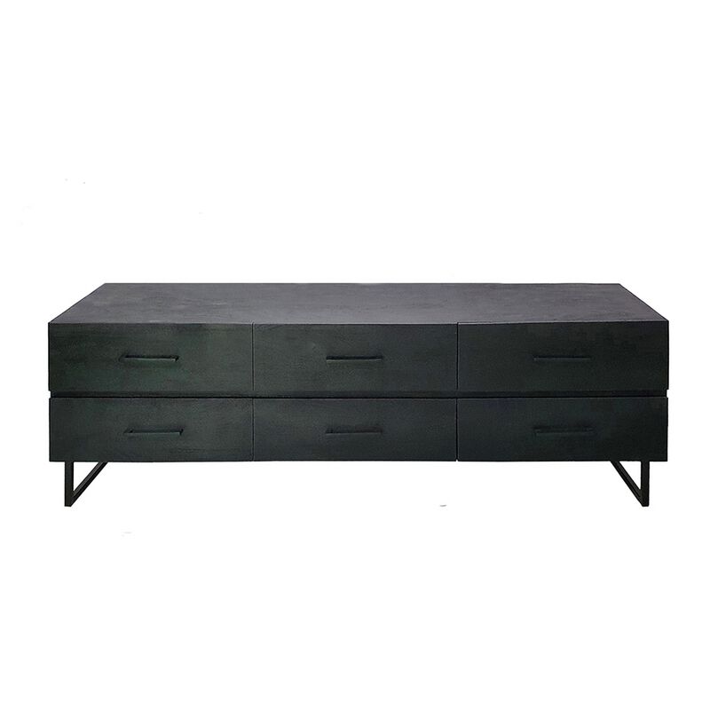 87 Inch Sideboard Cabinet, 6 Drawers, Iron Legs and Handles, Wood, Black