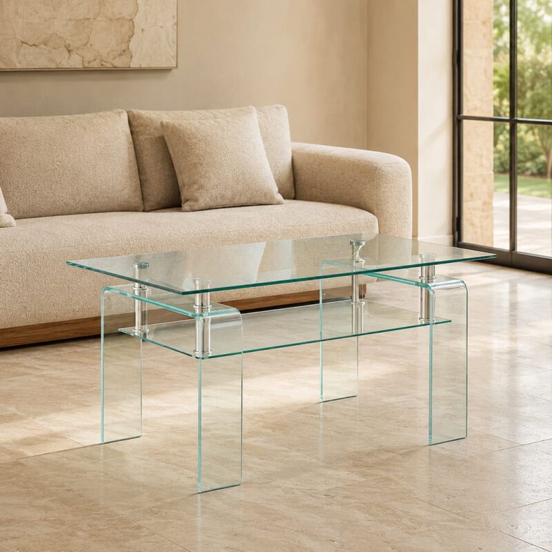 GOODSILO Rectangle Tempered Clear Glass Coffee Table with 2-Tier Storage, Modern Sleek Center Tea Table for Living Room image number 2