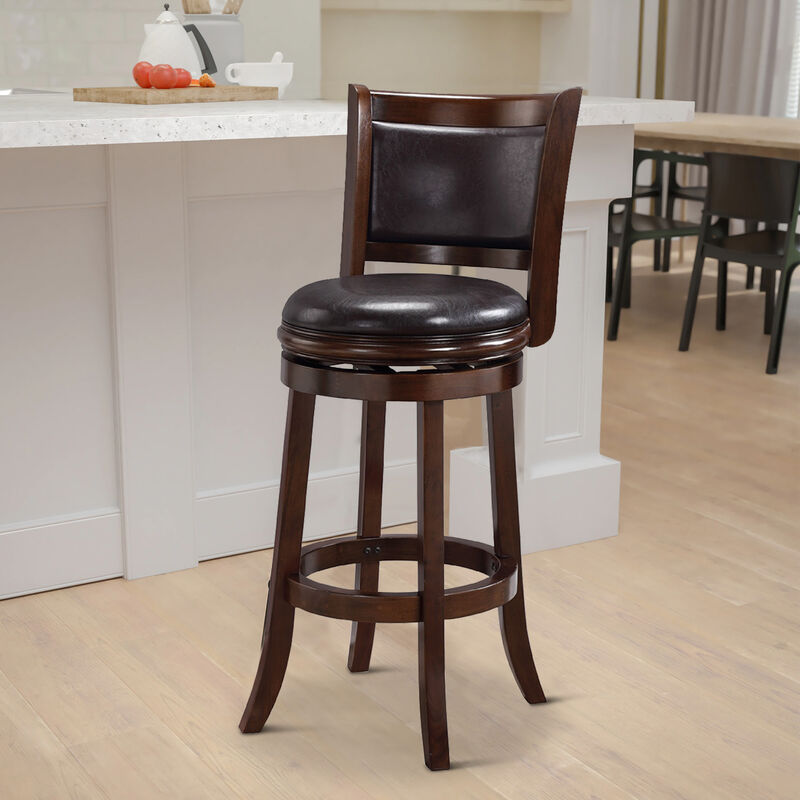 Pal 29 Inch Swivel Bar Stool, Solid Wood, Rich Faux Leather, Espresso Brown - Benzara image number 2