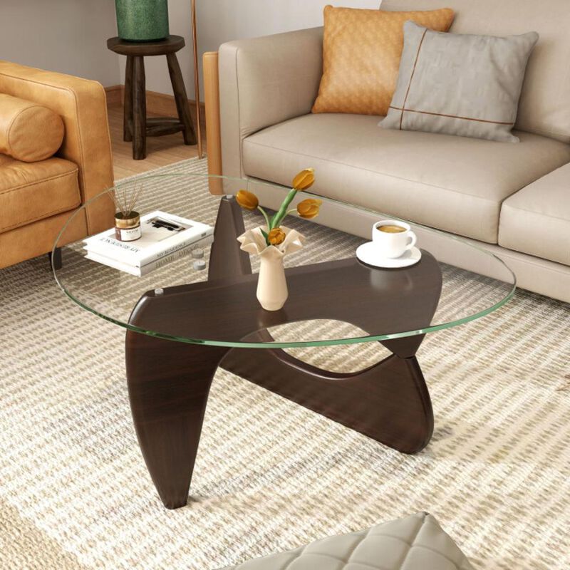 Hivvago Triangle Coffee Table with Tempered Glass Top and Adjustable Rubber Wood Base