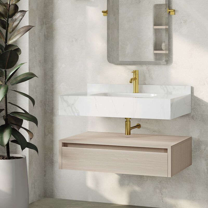 Avancer 36" Wall-Mounted Bathroom Vanity in White Oak with White Marble Sink Top image number 4