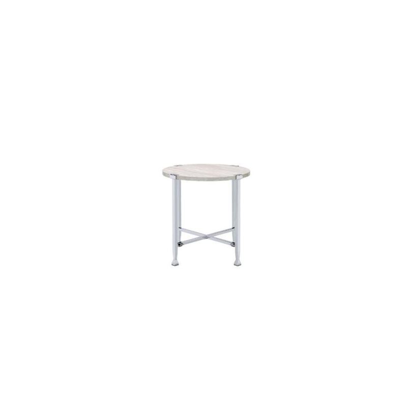 Industrial Wood and Metal Round Accent Table, Compact Design for Small Spaces