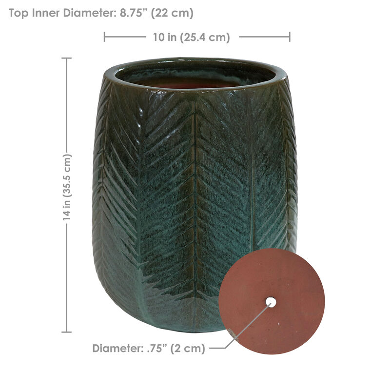 Sunnydaze 10" Chevron Pattern Ceramic Outdoor Planter - Dark Olive
