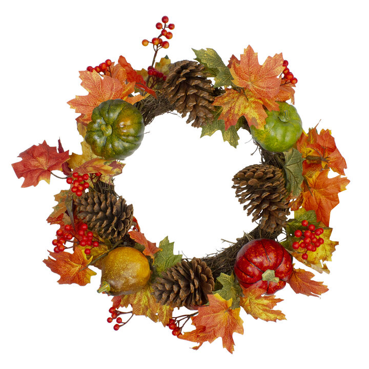 Leaves  Pine Cones and Pumpkins Artificial Fall Harvest Wreath - 20-Inch  Unlit