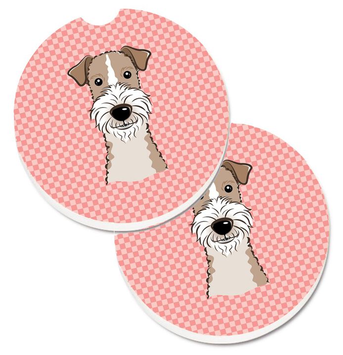 Caroline's Treasures Checkerboard Pink Wire Haired Fox Terrier Set of 2 Cup Holder Car Coasters BB1247CARC, 2.56, Multicolor