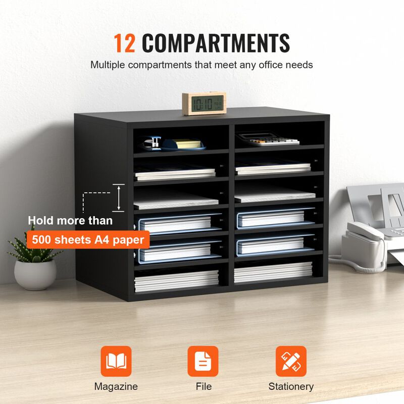 Desktop Literature Organizer with 12 Storage Slots, Wood Mail Sorter for Home Office Supplies-Black image number 6