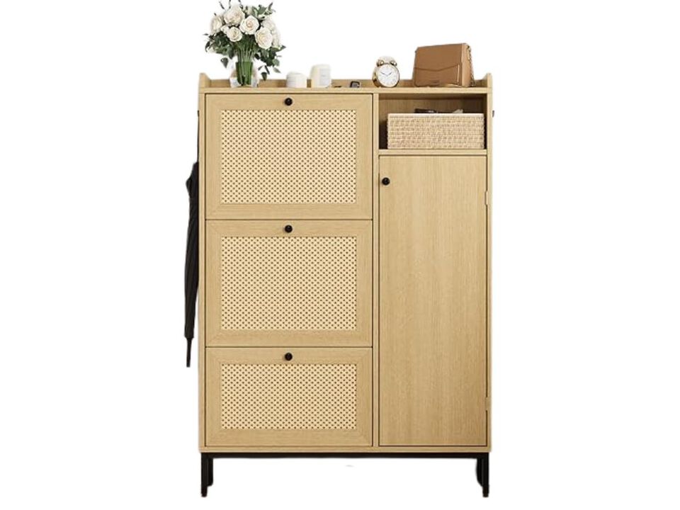 Entryway Wood Shoe Storage Cabinet 4 Tier Flip Drawer Adjustable Closet Oak