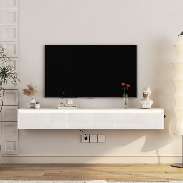 GOODSILO Floating TV Stand with LED Lights and Power Outlet, High Gloss Wall Mounted Storage Cabinet for Living Room Entertainment