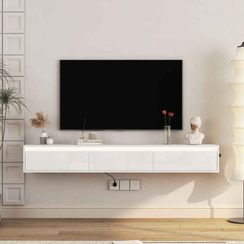 GOODSILO Floating TV Stand with LED Lights and Power Outlet, High Gloss Wall Mounted Storage Cabinet for Living Room Entertainment image number 1