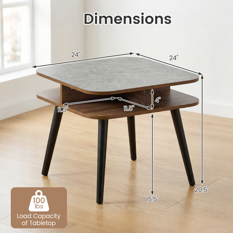 Wooden Side Table with Open Storage Shelves and Rubber Wood Legs image number 2