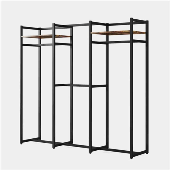 Metal Garment Rack with 4 Rods & 2 Wood Shelves Durable Clothing Storage Organizer